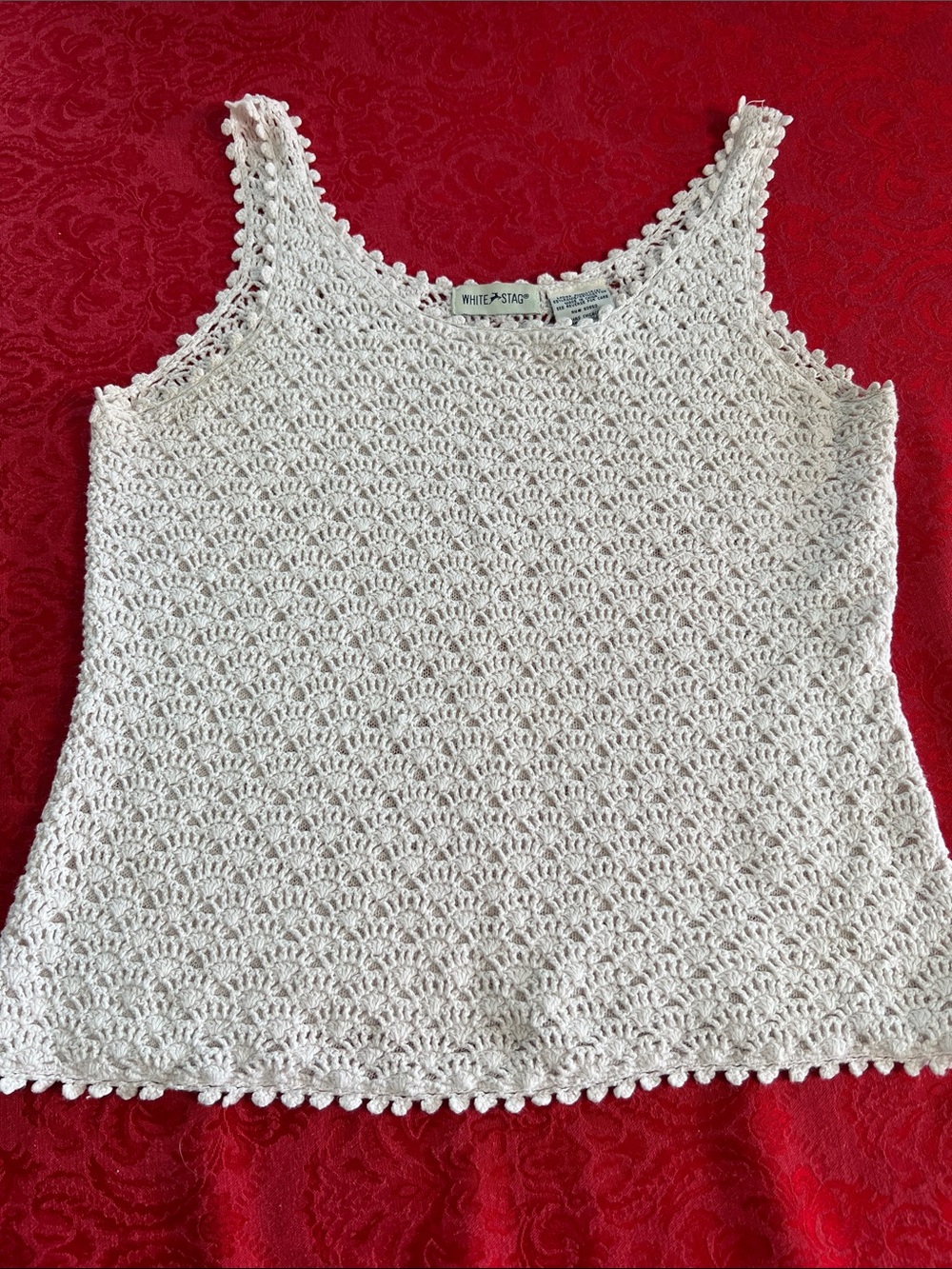 White Stag Cream Crochet Tank Top Womens Small Ramie Cotton Lined Boho